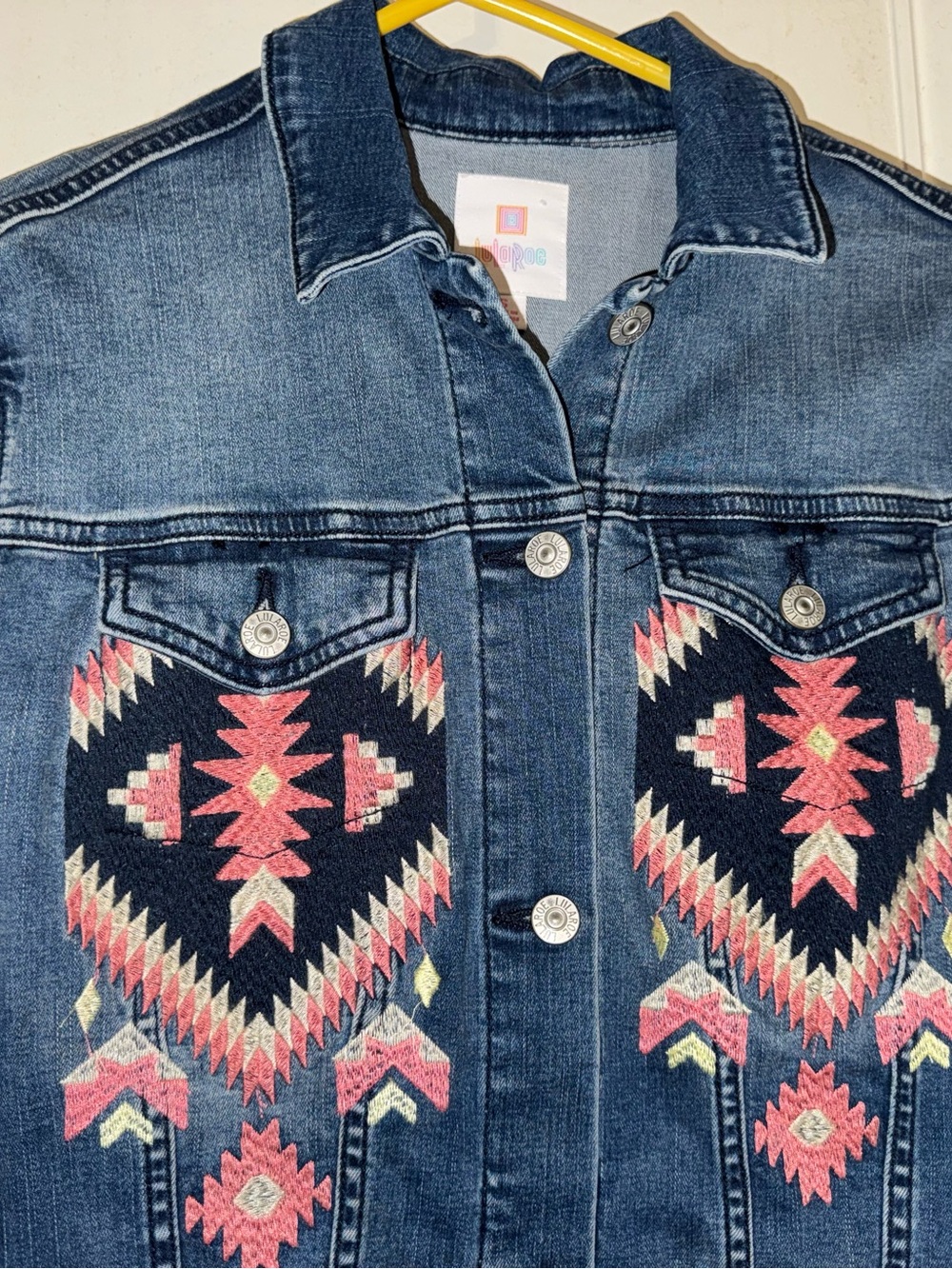 LuLaRoe Blue Denim Aztec Inspired Crocheted Long Denim Jacket, Size S